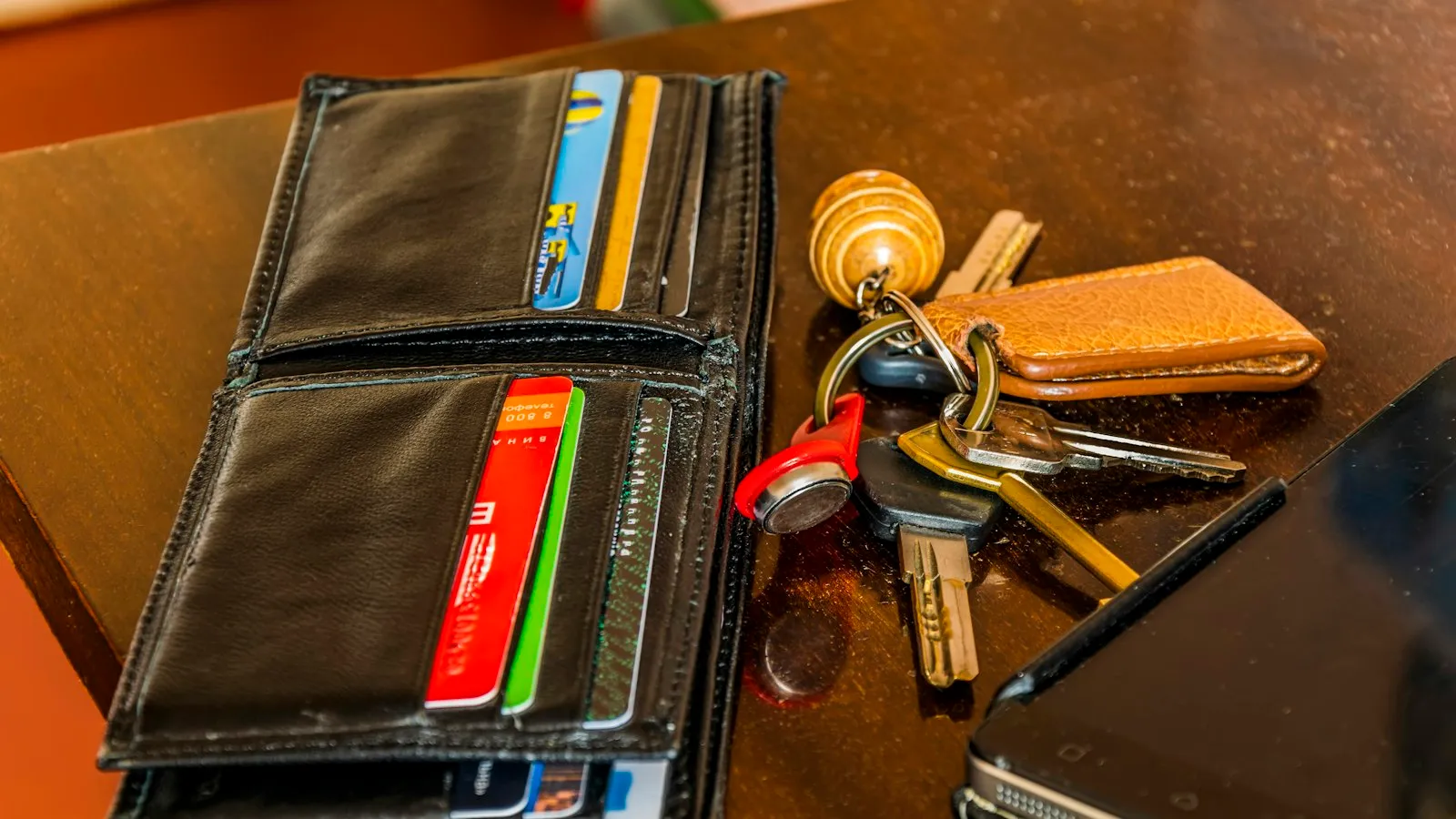 A wallet and keys on a table