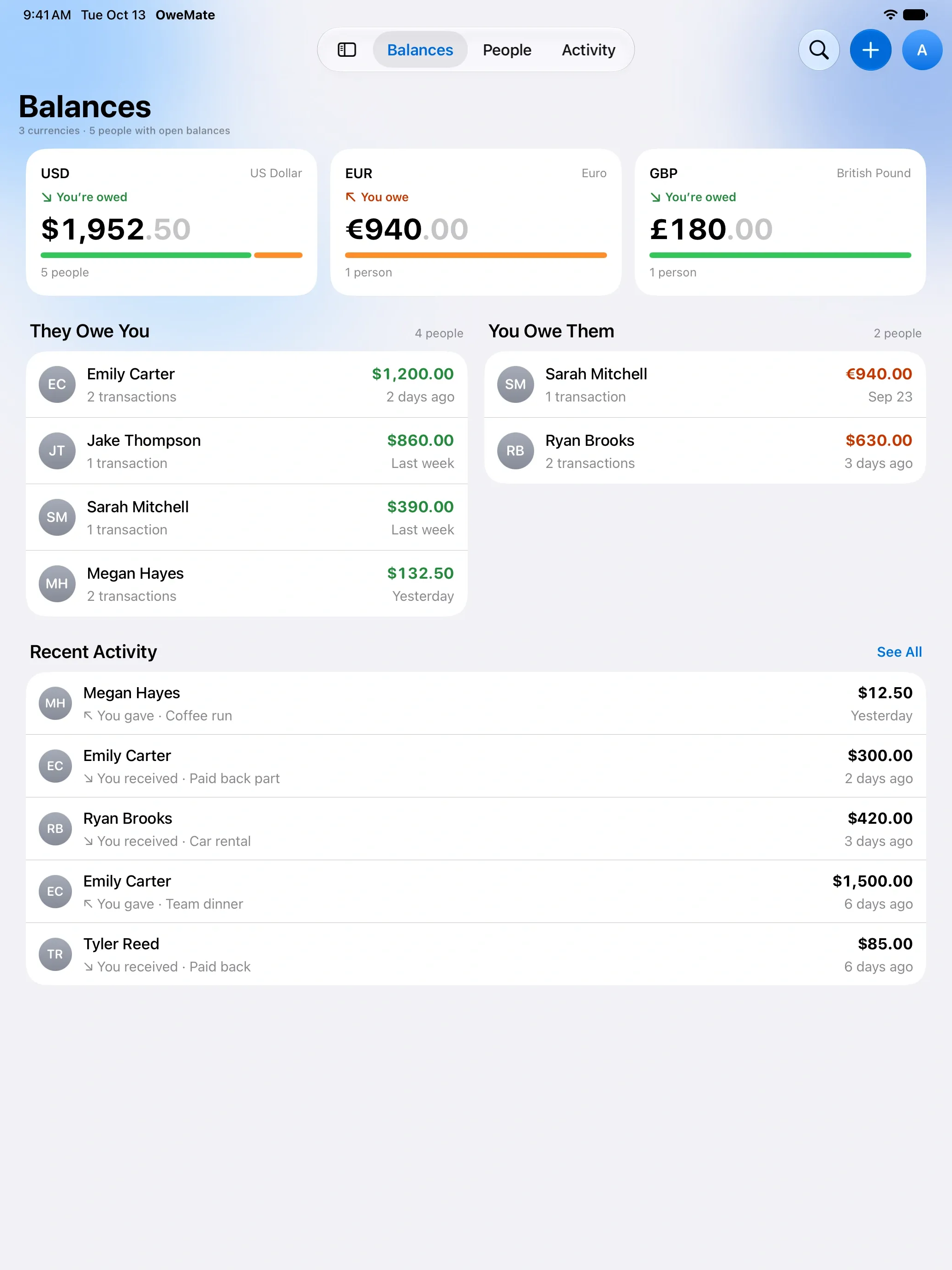 iPad-এ OweMate: They Owe You আর You Owe Them লিস্টের উপরে USD, EUR আর GBP কার্ড