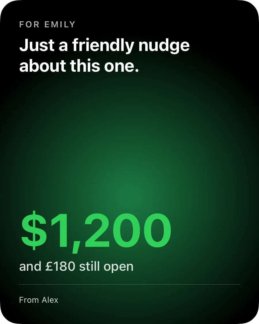 Midnight reminder card for Emily: $1,200 and £180