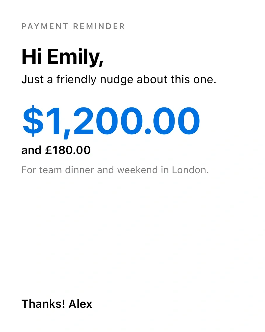 Minimal reminder card for Emily: $1,200 and £180