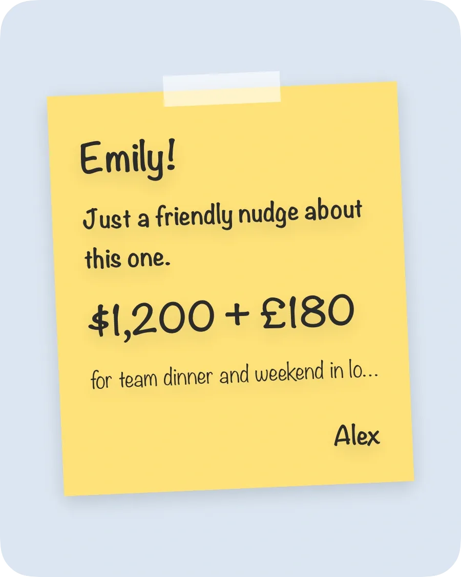 Note reminder card for Emily: $1,200 and £180