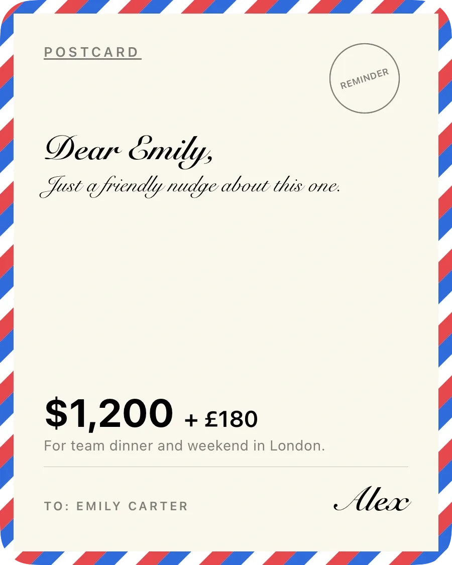 Emily-র জন্য Postcard রিমাইন্ডার কার্ড: $1,200 আর £180