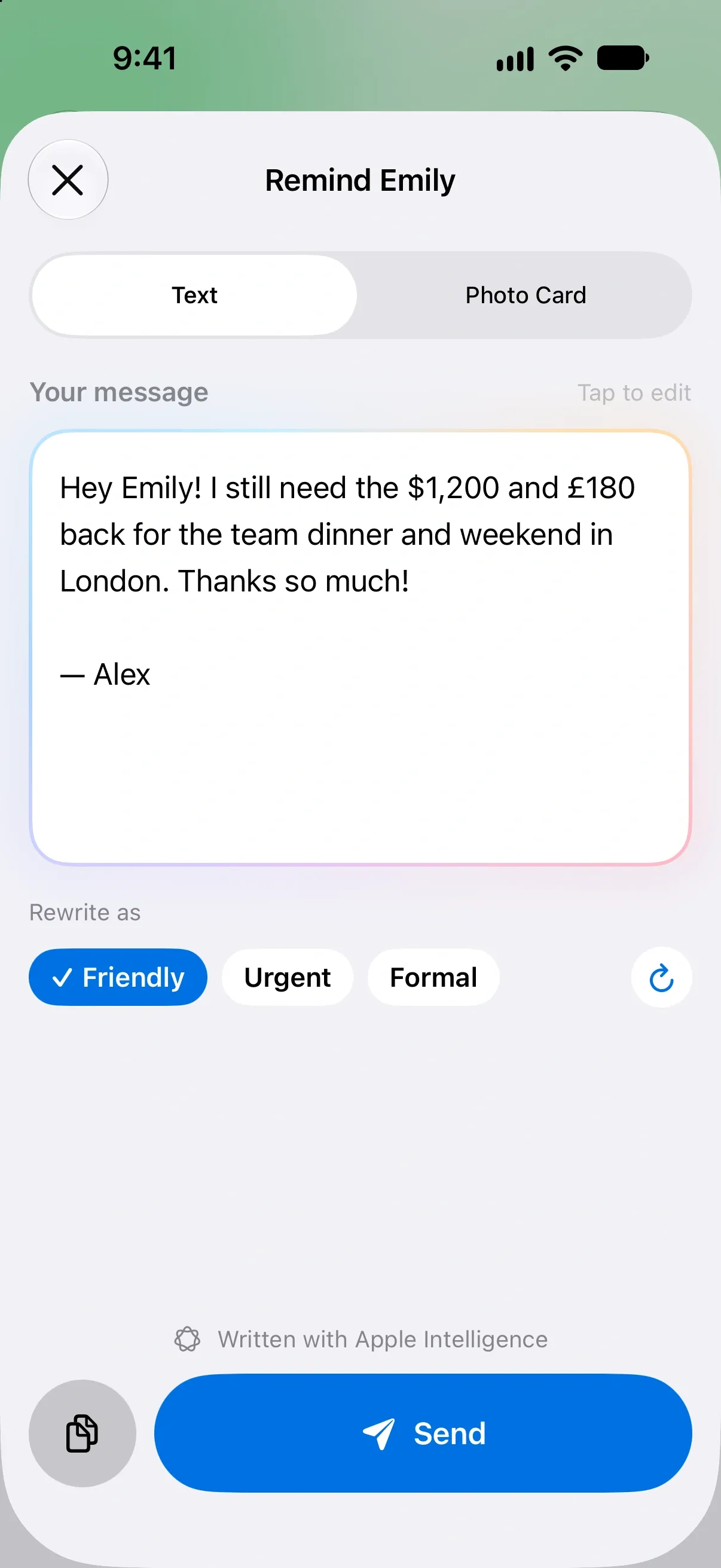 Remind Emily: an AI-written reminder with Friendly, Urgent and Formal tones