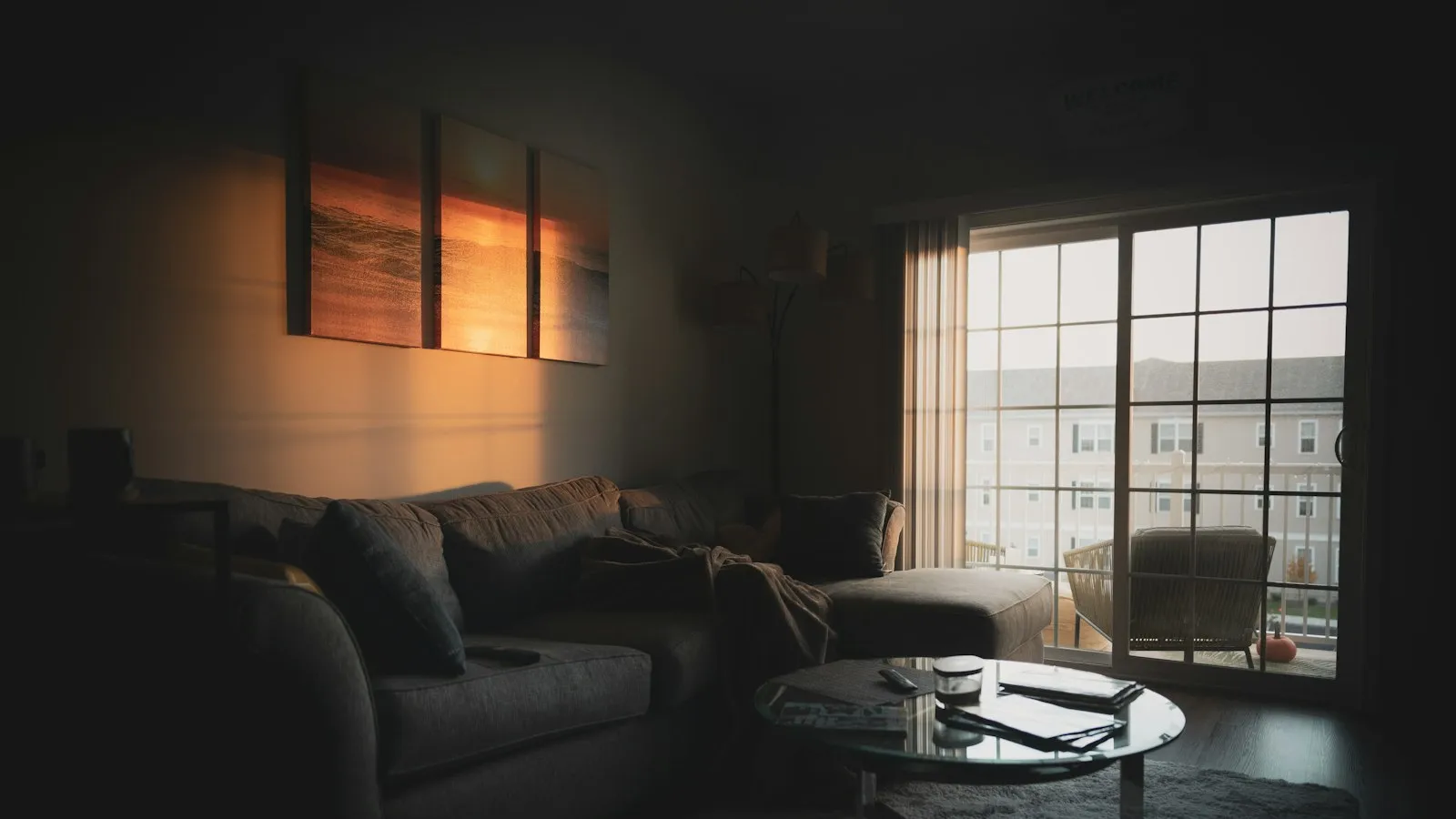 A bright apartment living room with a sofa