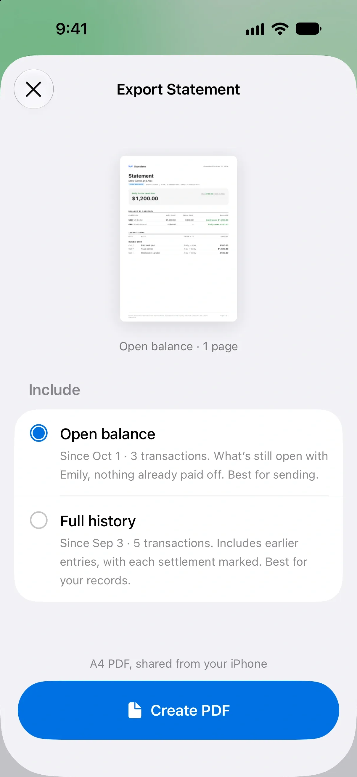 Export Statement: a PDF preview with Open balance and Full history options